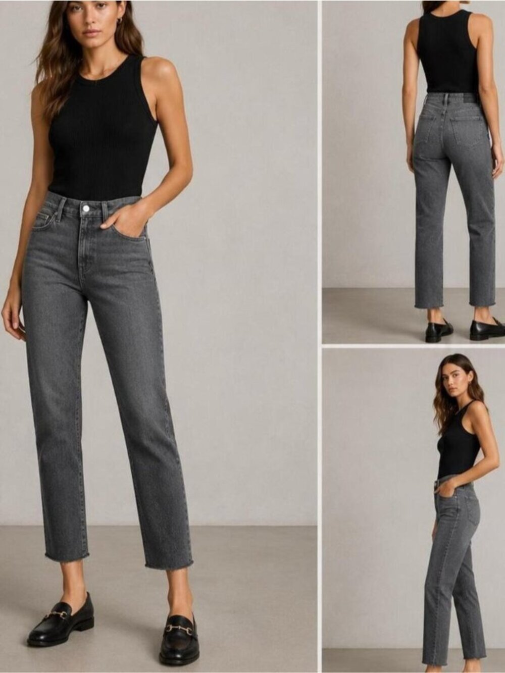 Paige Cindy High Rise Straight Jeans Grey Raw Hem Size 28 Classic Minimalist